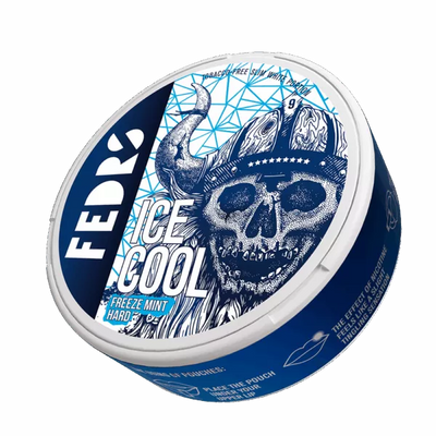FEDRS Ice Cool Hard Freeze Mint Nicotine Pouches 32.5mg tin with skull and viking helmet design, side view.