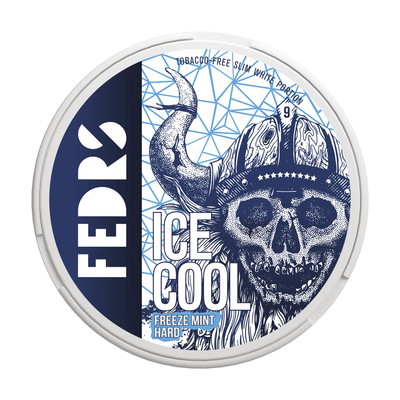FEDRS Ice Cool Hard Freeze Mint Nicotine Pouches, 32.5mg white portion tin with viking skull design.