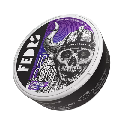 FEDRS Ice Cool Evilberry Nicotine Pouches can with purple viking skull design, extra strong 32.5mg blueberry flavor.