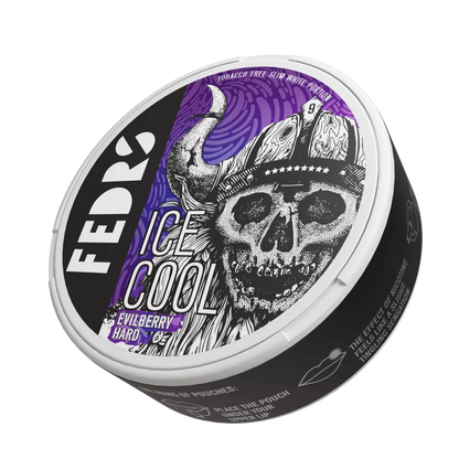 Side view of FEDRS Ice Cool Evilberry Nicotine Pouches can featuring a purple viking skull design, 32.5mg blueberry flavor.