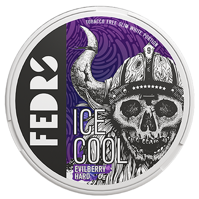 FEDRS Ice Cool Evilberry Hard nicotine pouches can with purple viking skull design, 32.5mg extra strong slim white portions.