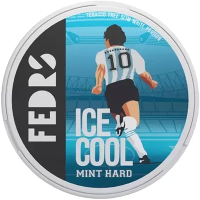 FEDRS Ice Cold Mint Hard nicotine pouch can, Maradona Edition with footballer illustration and tobacco-free slim portions.