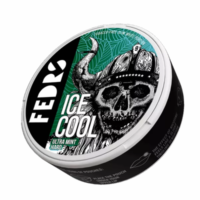 FEDRS Ice Cool Hard Ultra Mint 32.5mg nicotine pouches can featuring a skull viking logo and tobacco-free label.