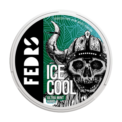 FEDRS Ice Cool Hard Ultra Mint tobacco-free nicotine pouch tin with viking skull logo and leaf background pattern.