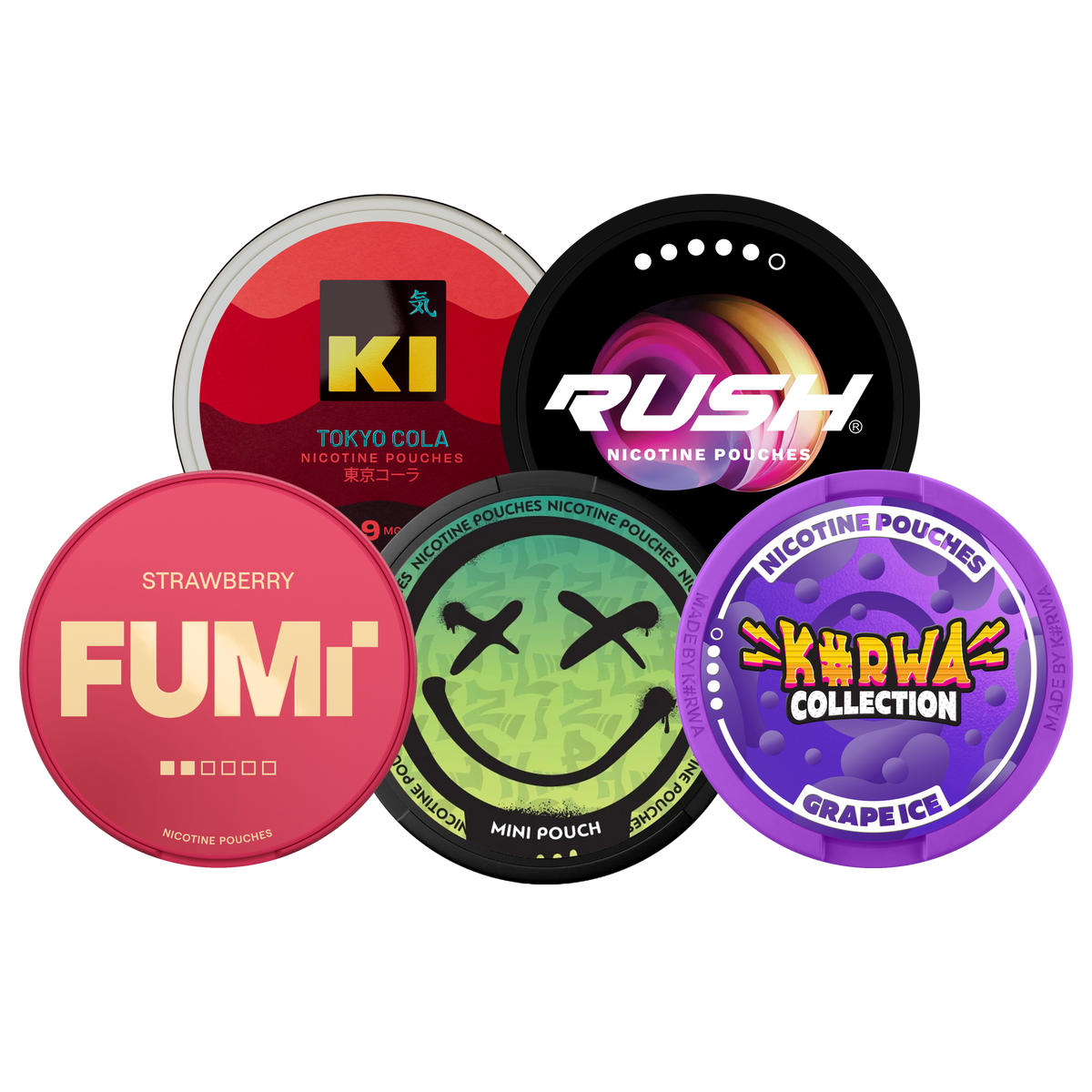 FIND YOUR STRENGTH Bundle: FUMi Strawberry, PHIZ Peppermint, KI Tokyo Cola, KURWA Grape Ice and RUSH EXTREME Cherry Ice cans