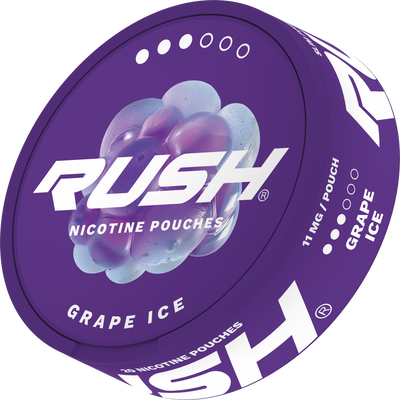 RUSH PRO Grape Ice 11mg Nicotine Pouches can, purple slim format with icy grape graphic and 20 pouches per tin.