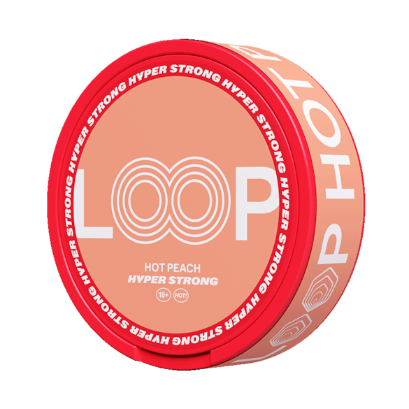 LOOP Hot Peach Hyper Strong nicotine pouches tin, featuring bold orange and red branding for chili-infused peach snus.