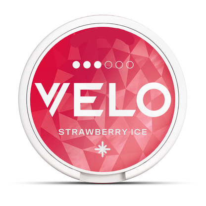 VELO Strawberry Ice 10mg Nicotine Pouches - circular can with red geometric pattern and snowflake icon.