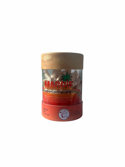 MAGGIE 100 Pouches Mega Can with visible Original Jamaican Pouch nicotine pouches in a transparent container.