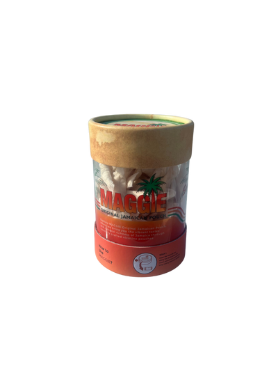 MAGGIE 100 Pouches Mega Can, clear cylindrical container showing white nicotine pouches with red and orange branding.