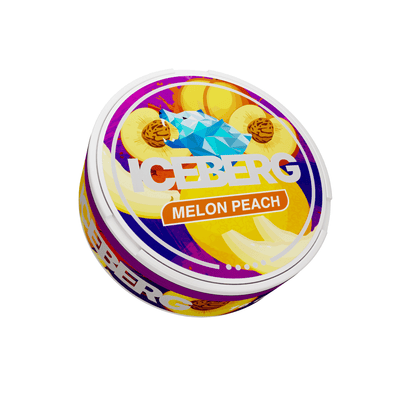 Iceberg Melon Peach nicotine pouches tin with 120mg strength label, featuring a blue wolf logo on a white background.