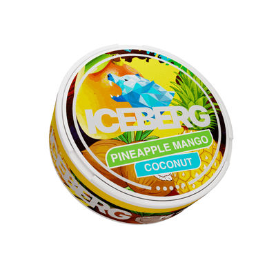Iceberg Pineapple Mango Coconut Nicotine Pouches 120mg tin with tropical fruit graphics and geometric polar bear logo.