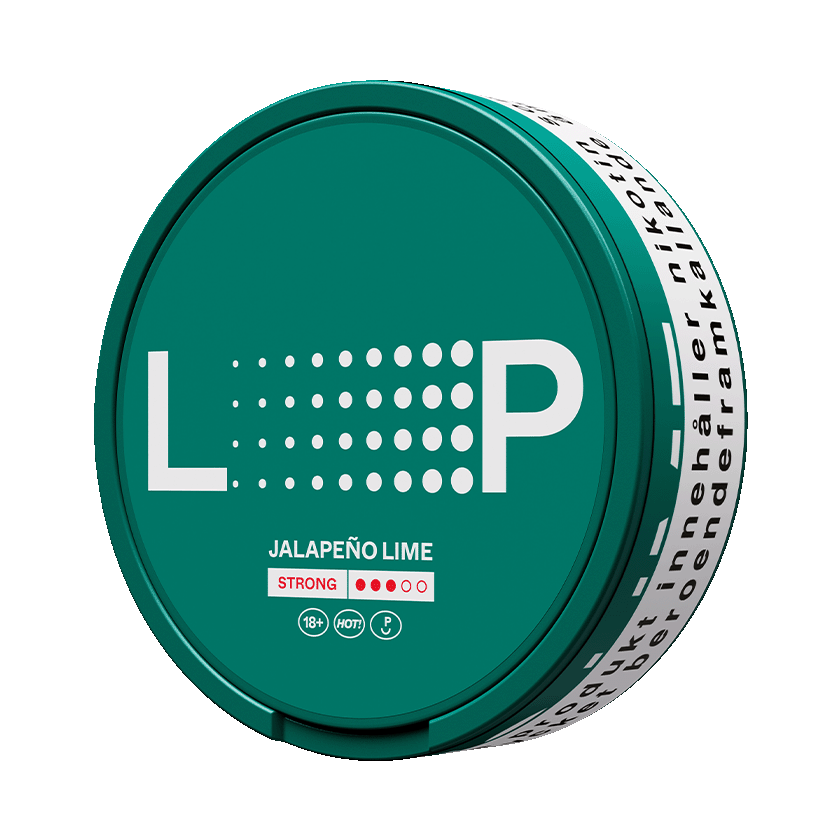 LOOP Jalapeño Lime 9.4mg Strong Slim tobacco-free nicotine pouch can in teal and white with visible branding.