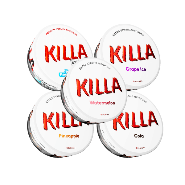 KILLA Best Sellers Bundle: 5 cans of tobacco-free extra strong nicotine pouches in various fruit and cola flavours.