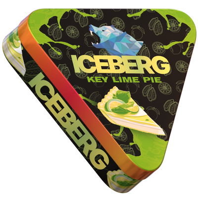Iceberg Key Lime Pie 50mg nicotine pouches in a triangular tin with dessert graphics and a blue geometric wolf logo.