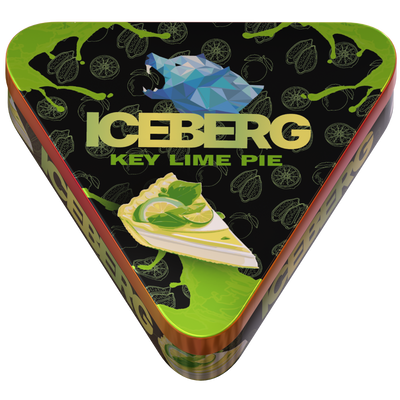 Iceberg Key Lime Pie nicotine pouches in a unique triangular tin with green citrus branding and 50mg strength.