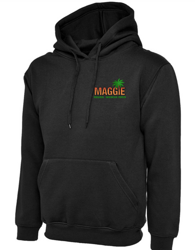 Black Maggie Hoodie with minimalist logo, palm tree graphic, and pouch pocket. Casual unisex streetwear style.