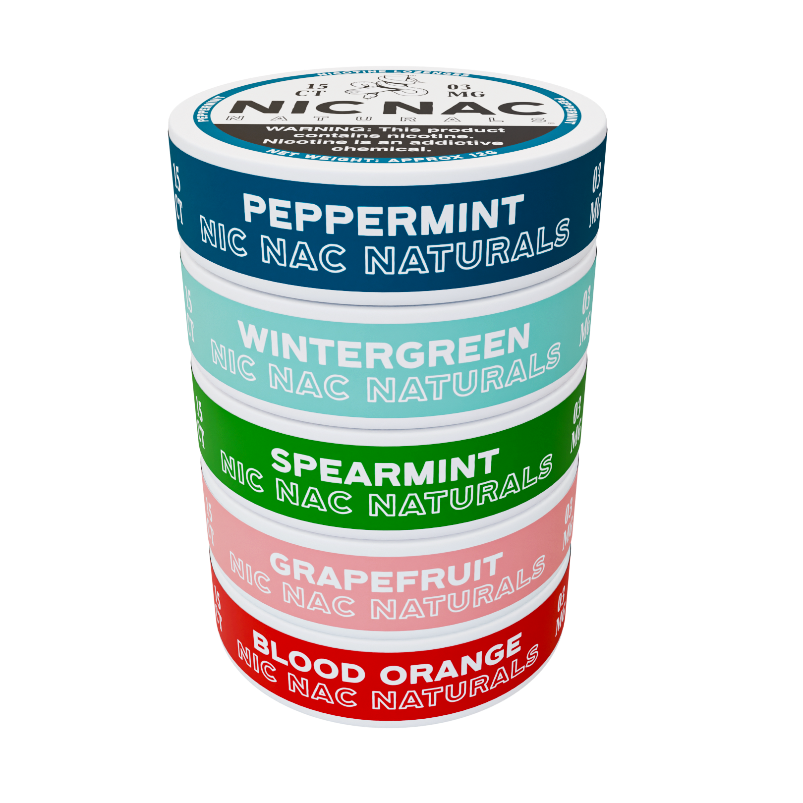 Nic Nac 3mg nicotine pouch variety bundle with Peppermint, Wintergreen, Spearmint, Grapefruit and Blood Orange flavors.