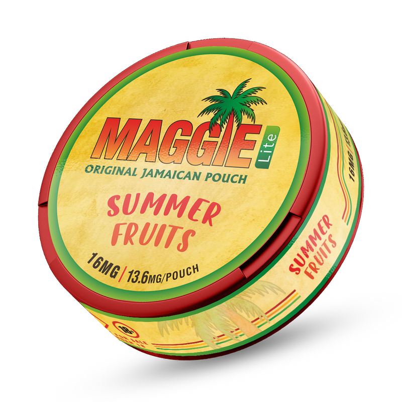 MAGGIE LITE Summer Fruits Nicotine Pouches, 13.6mg slim tobacco-free pouches in a yellow can with tropical palm tree art.
