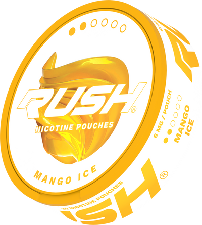 Side view of RUSH LIGHT Mango Ice Nicotine Pouches can, showing 6mg strength, slim format, and 20 pouches per tin.