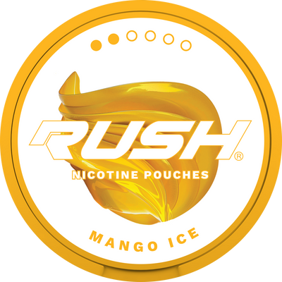 Rush Light Mango Ice Nicotine Pouches can with yellow swirl design, 6mg strength, for Shopify GB.