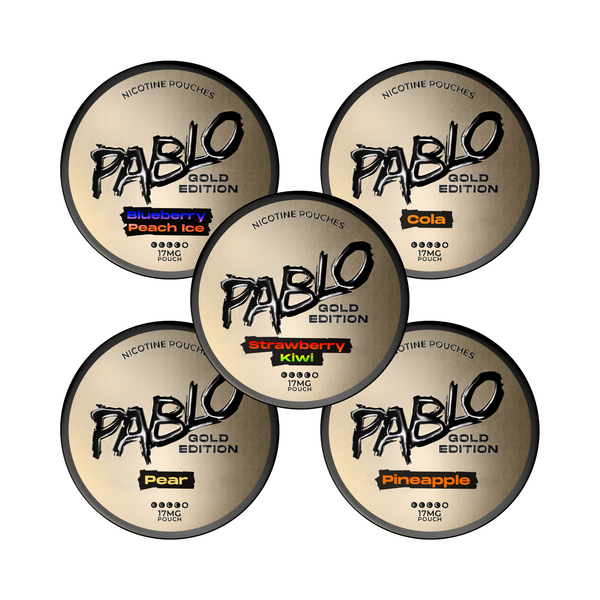 PABLO GOLD Edition Nicotine Pouch Variety Pack with 5 flavours including Strawberry Kiwi, Cola, and Pear. 17mg nicotine pods.