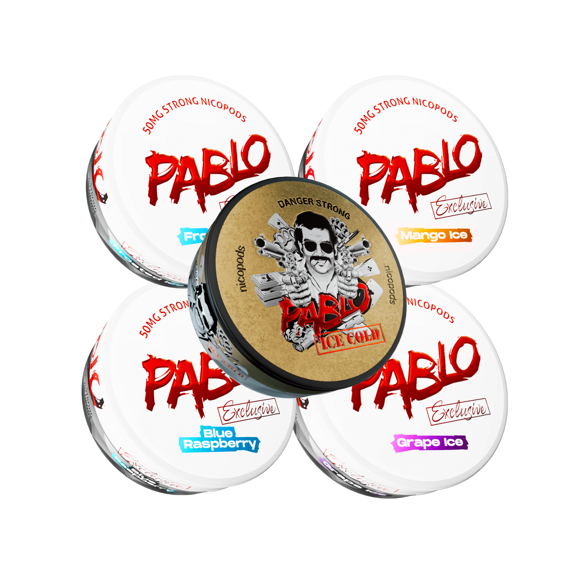 Pablo Best Sellers Nicotine Pouch Bundle featuring five strong fruit and ice flavors including Mango Ice and Grape Ice.