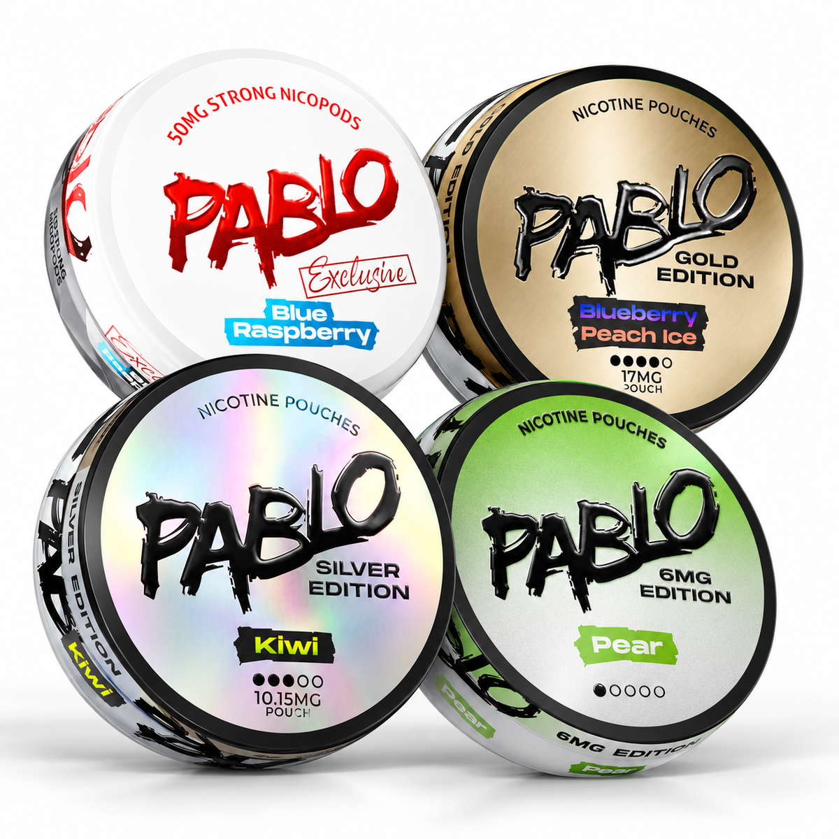 Pablo Find Your Strength Fruit Bundle Containing Pablo Blue Raspberry, Pablo Gold Blueberry Peach Ice, Pablo Silver Kiwi & Pablo Pear 6MG Edition Nicotine Pouches