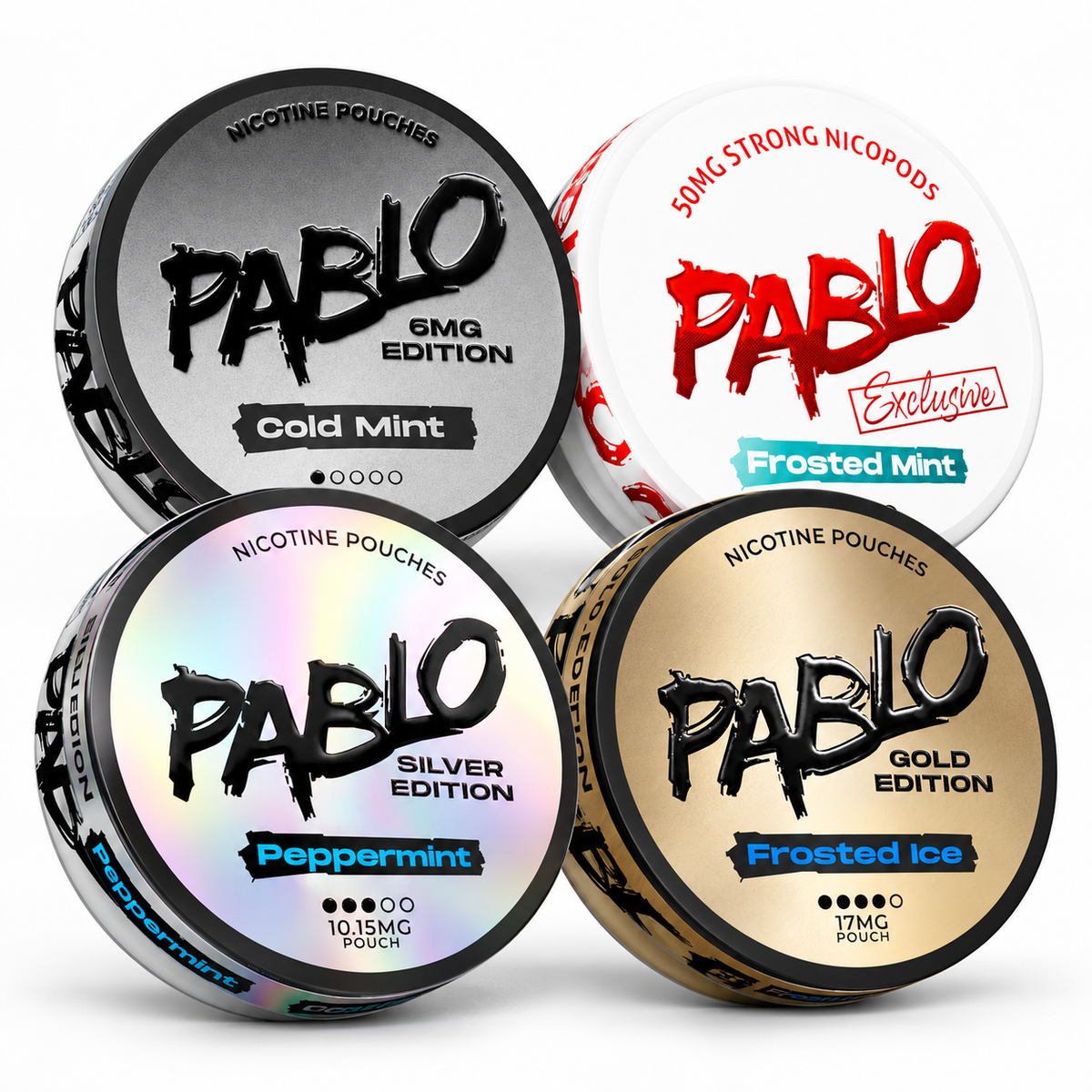 Pablo Find Your Strength Mint Bundle Consisting Of Pablo Cold Mint 6MG Edition, Pablo Exclusive Frosted Mint, Pablo Silver Peppermint & Pablo Gold Frosted Ice Nicotine Pouches