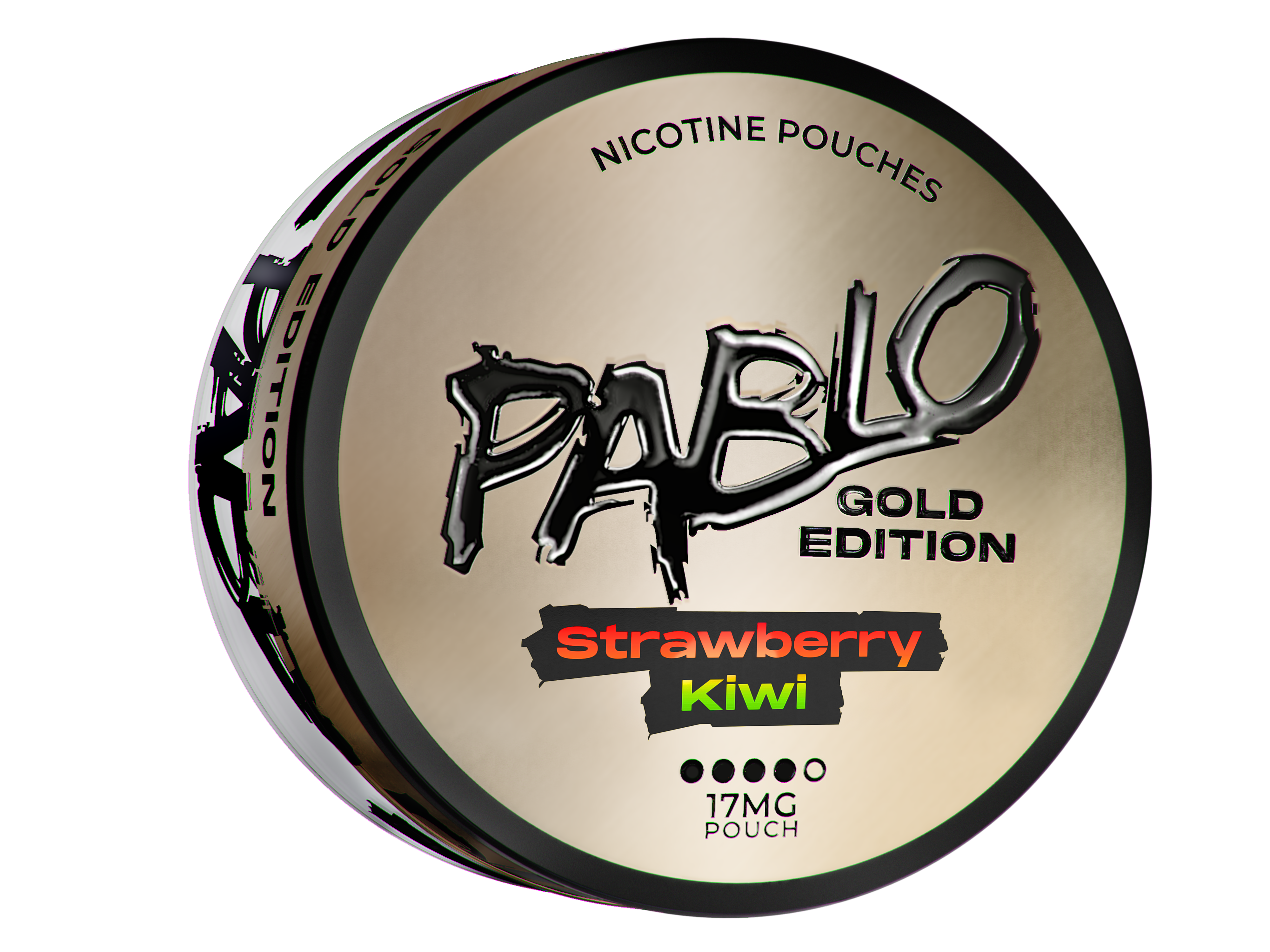 Pablo Gold Edition Strawberry Kiwi Nicotine Pouches can, 17mg slim pouches in premium metallic gold packaging.