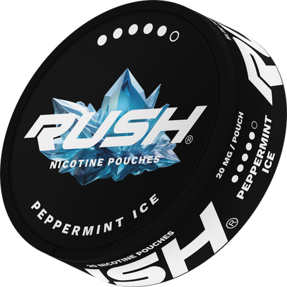 RUSH EXTREME Peppermint Ice 20mg Nicotine Pouches, side view of black can with blue ice crystal design.