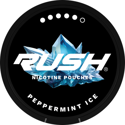 RUSH EXTREME Peppermint Ice Nicotine Pouches can lid with blue ice crystals and 20mg extra strong indicator dots.