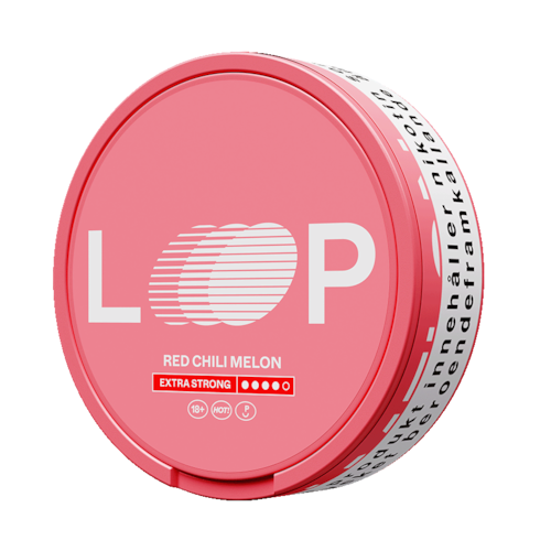 Pink tin of LOOP Red Chili Melon Extra Strong Nicotine Pouches with chili heat indicator and Swedish branding.