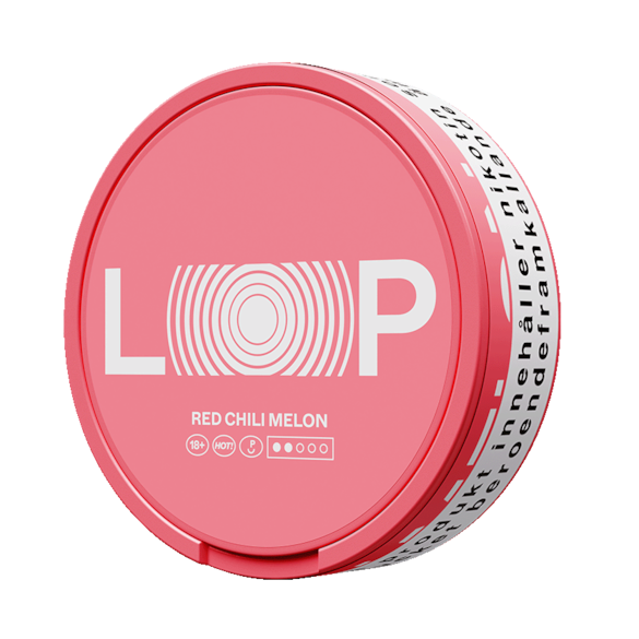 LOOP Red Chili Melon Slim Nicotine Pouches can in pink, featuring light 6.25mg strength and 2/4 chili heat rating.