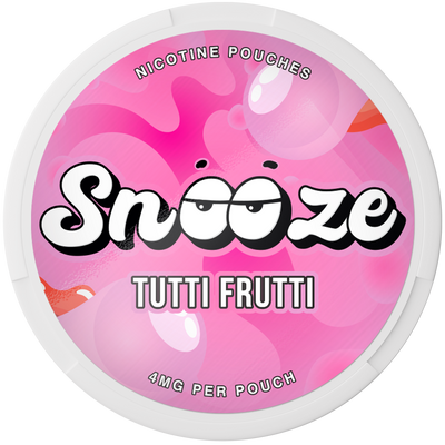 SNOOZE Tutti Fruitti Nicotine Pouches, 4mg strength can with pink bubble design.