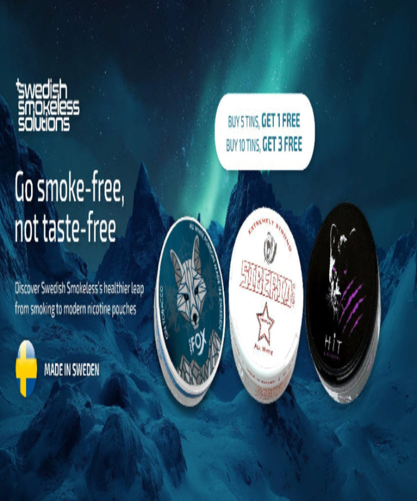 Advertisement for white fox pouches with product packaging against a mountainous background.