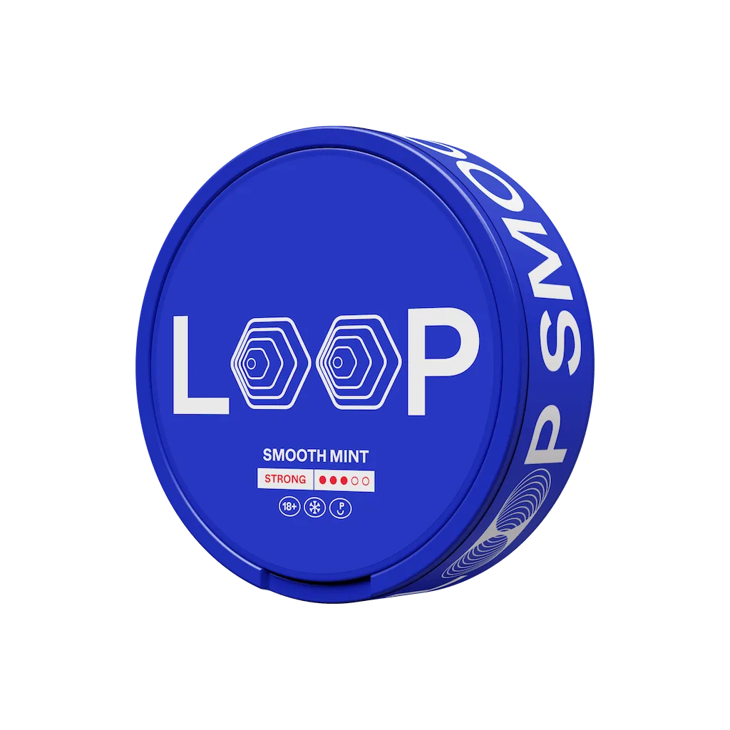 LOOP Smooth Mint 9.4mg Strong slim nicotine pouches in a premium blue can for the UK market.