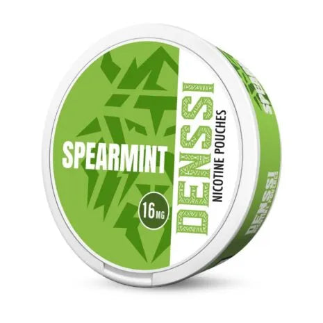 DENSSI Spearmint 16mg Nicotine Pouches in a green and white can. Professional studio render of tobacco-free snus.