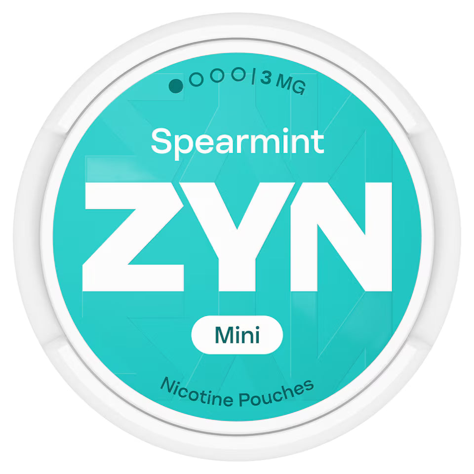 ZYN Spearmint Mini 3MG Nicotine Pouches can with turquoise label, white logo, and low strength indicator.