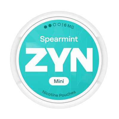 ZYN Spearmint Mini tobacco-free nicotine pouches (6mg), showing turquoise can lid with medium strength indicator.