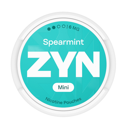 ZYN Spearmint Mini tobacco-free nicotine pouches (6mg), showing turquoise can lid with medium strength indicator.