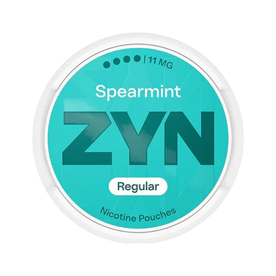 ZYN Spearmint X-Strong 11mg nicotine pouches can with teal label and extra strong rating dots.