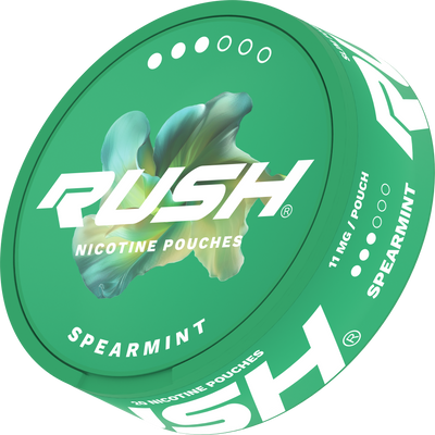 Side view of RUSH PRO Spearmint Nicotine Pouches can, 11mg strength, slim format with green floral design.