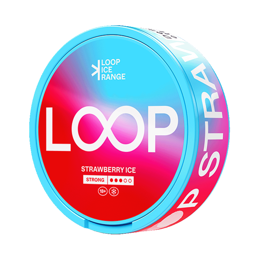 LOOP Strawberry Ice Strong nicotine pouches in a light blue and red tin. Tobacco-free slim nicopods.