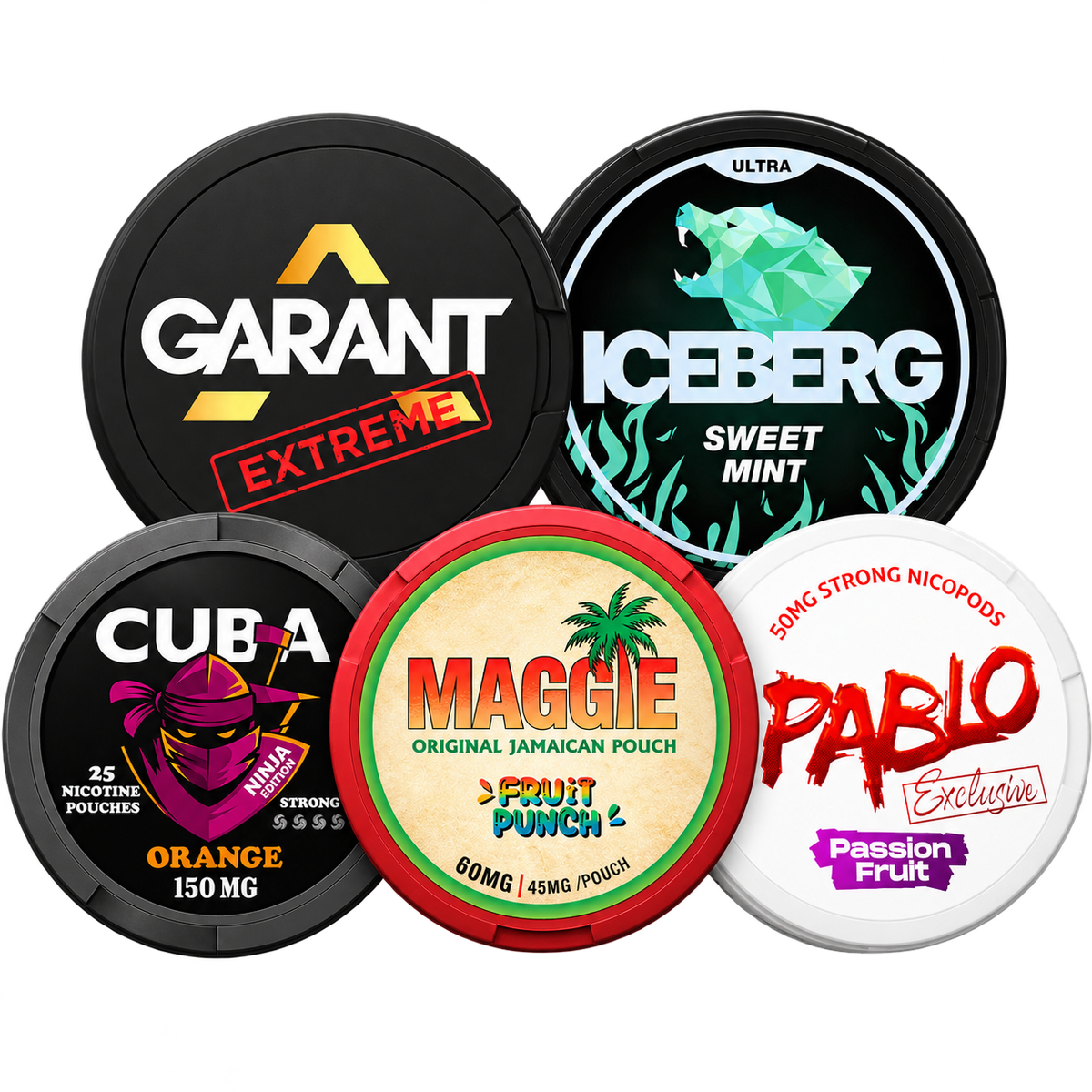 THE STRONGEST Bundle: GARANT EXTREME, ICEBERG Sweet Mint, CUBA NINJA Orange, MAGGIE Fruit Punch, PABLO Passion Fruit cans