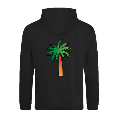 Back view of the black Maggie Hoodie featuring a vibrant green and orange palm tree logo on a white background.