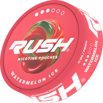 Side view of RUSH PRO Watermelon Ice nicotine pouches can, 11mg tobacco-free slim pouches in a pink tin.