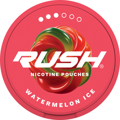 Rush Pro Watermelon Ice tobacco-free nicotine pouches can lid with red and green swirls on a pink background.