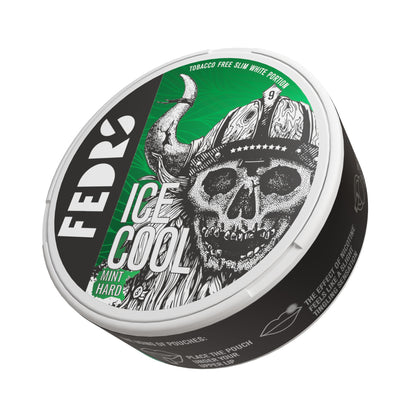 FEDRS Ice Cool Hard Mint Nicotine Pouches 32.5mg, slim white portion can with viking skull design.
