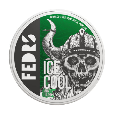 FEDRS Ice Cool Hard Mint 32.5mg nicotine pouches. White can featuring a Viking skull design on a green background.